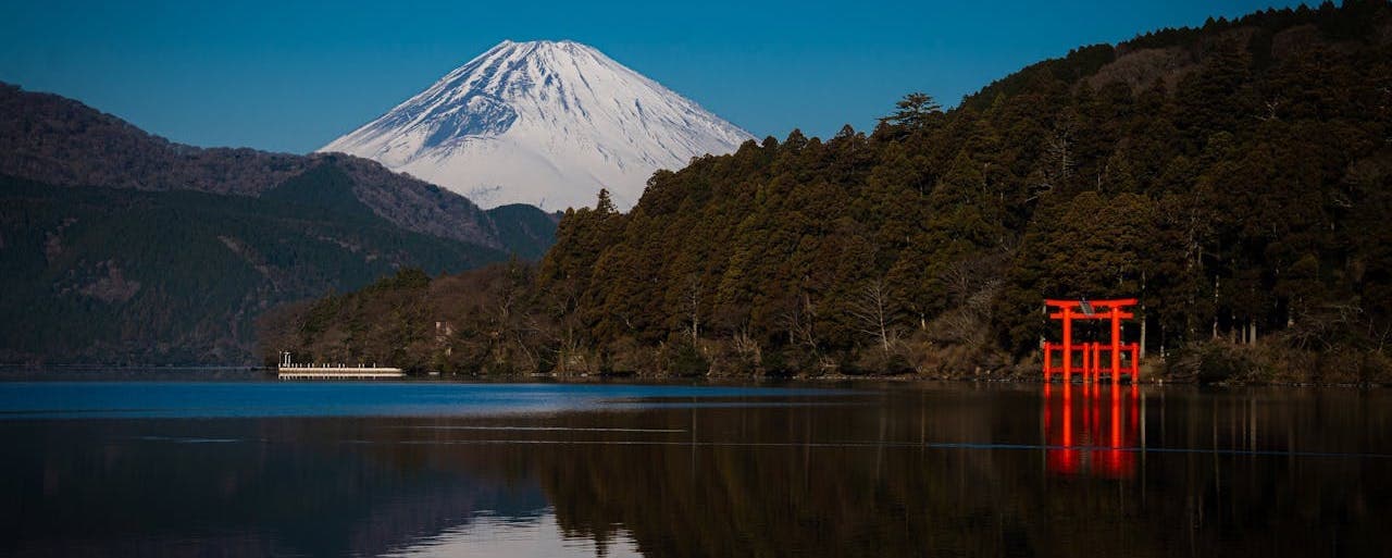 The red torii gate at Lake Ashi with Mount Fuji — the classic Hakone shot most people hope for